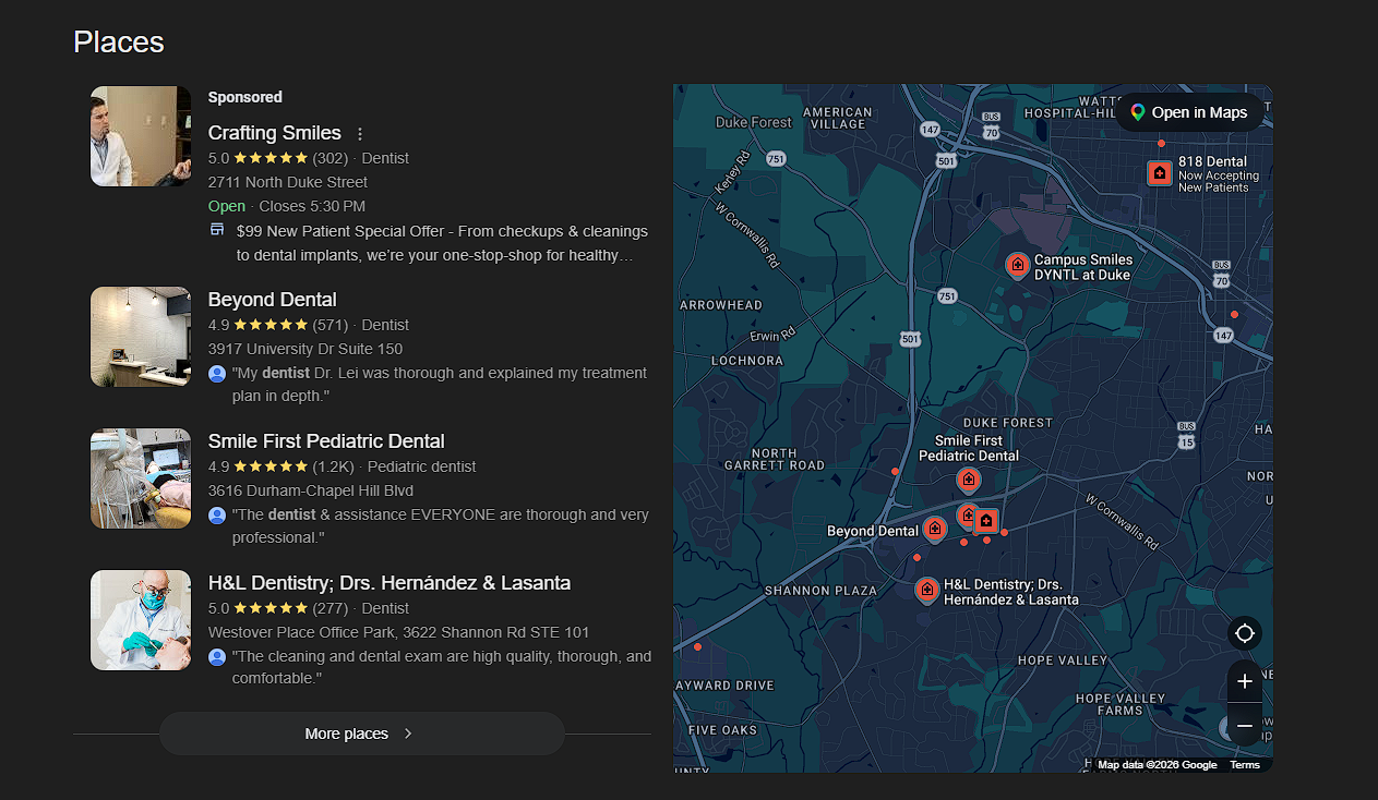 The classic map pack in all its glory above the traditional 10 blue links associated with Google Search