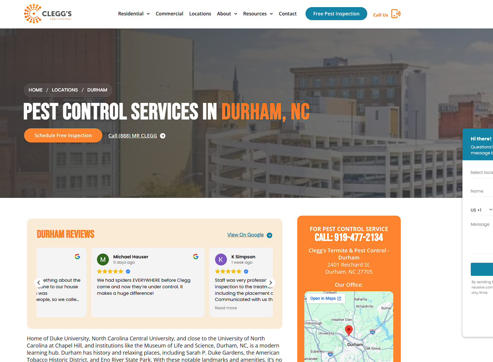 A well structured pest control company website that includes a local page for Durham, NC services