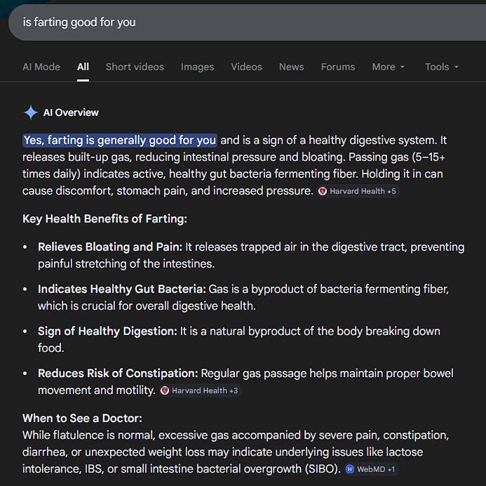 An absurd AI Overview demonstrating how informational searches are being devoured by Google's new AI offerings